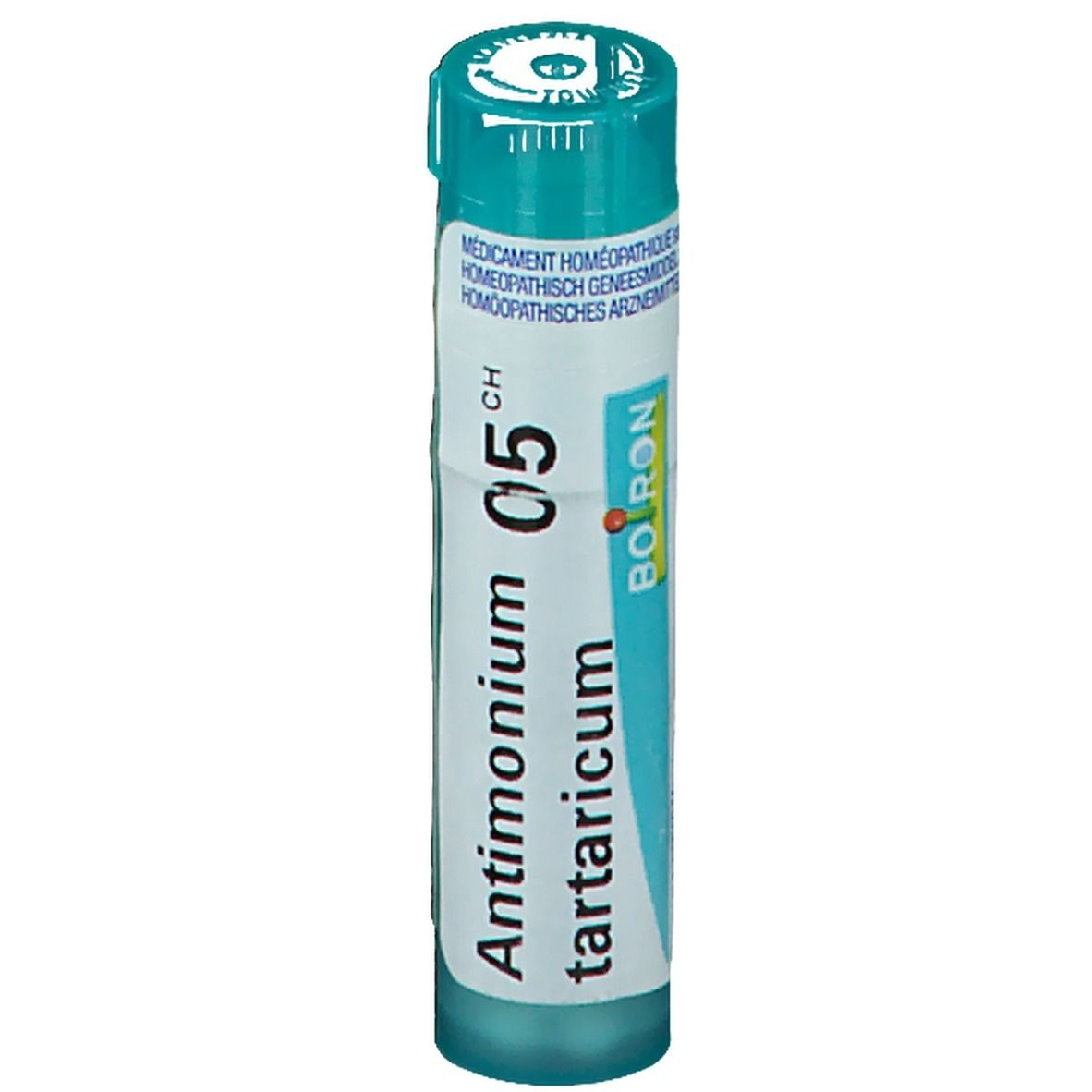 Tube cylindrique bleu. Inscription: Antimonium tartaricum 5CH, Boiron. Médicament homéopathique.