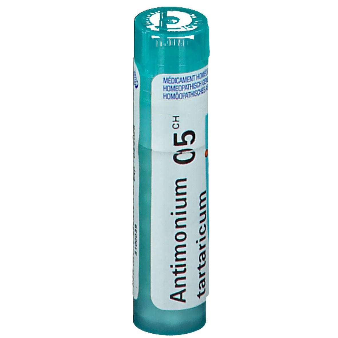 Tube cylindrique bleu. Inscription: Antimonium tartaricum 5CH. Médicament homéopathique.