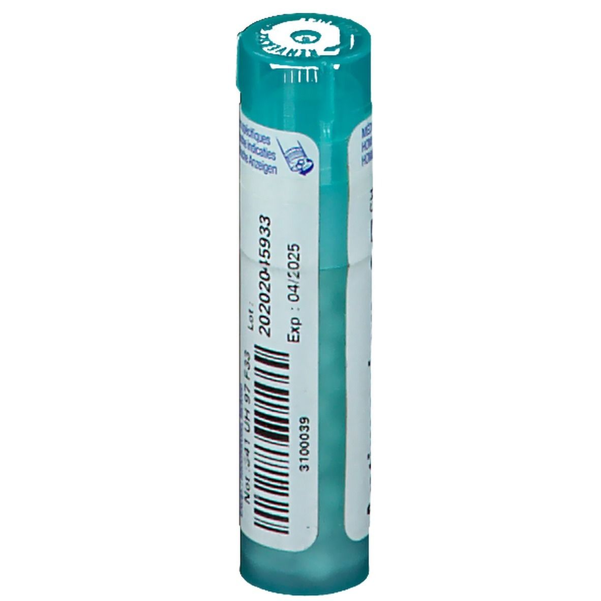 Tube cylindrique bleu. Inscription: Numéro de lot, date d'expiration. Code-barres.