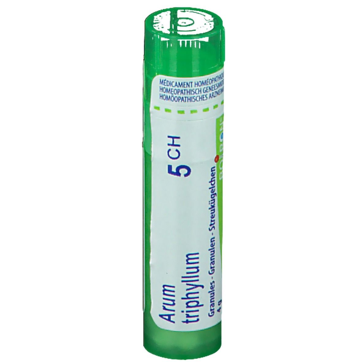 Tube vert avec étiquette blanche. Inscription : Arum triphyllum 5 CH, Granules - Streukügelchen.