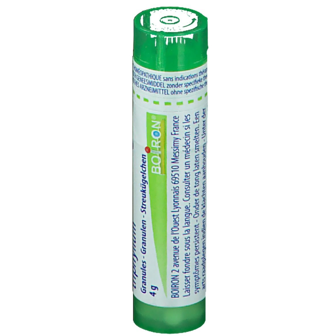Tube vert avec étiquette blanche. Inscription : BOIRON, 4 g, Granules, Arum triphyllum.