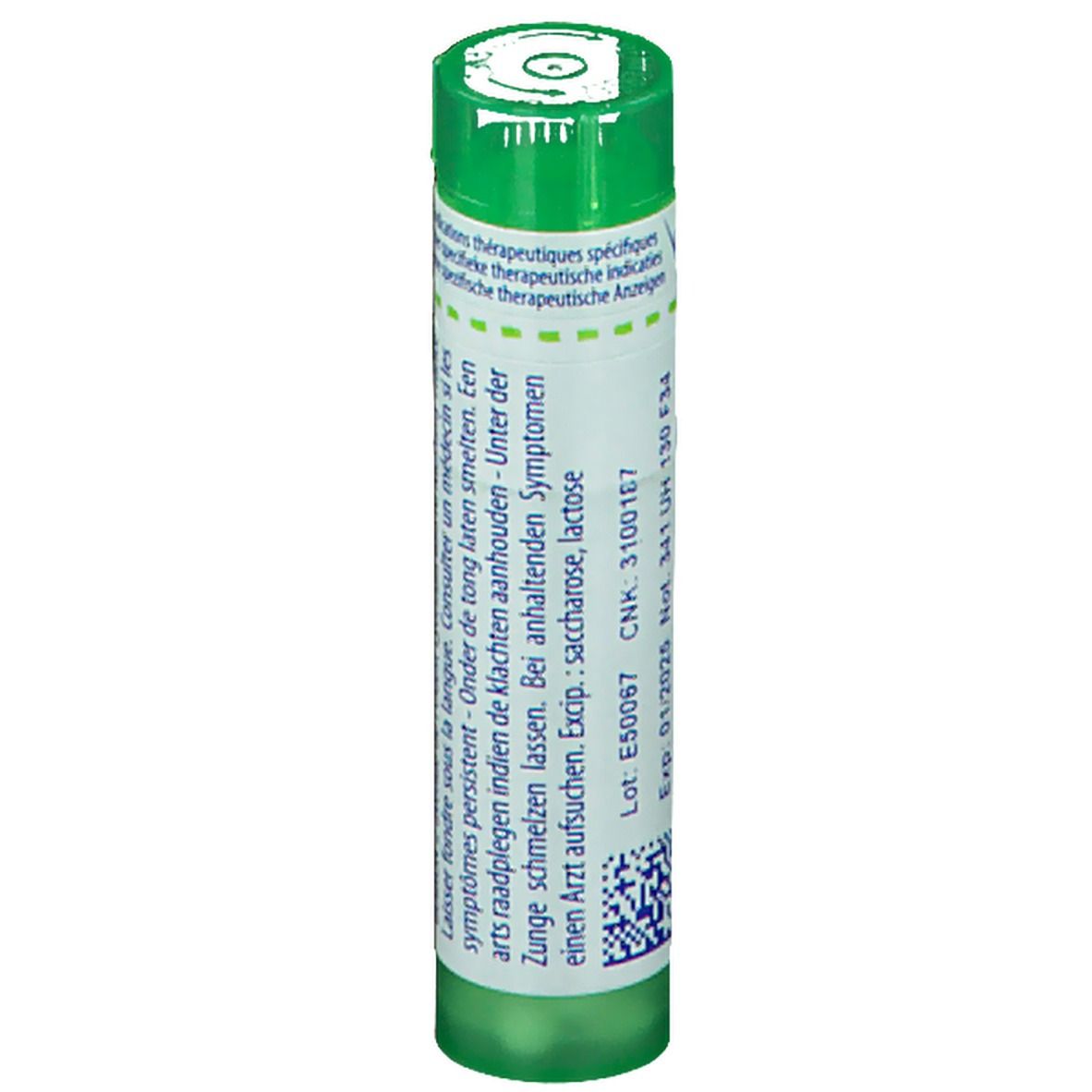 Tube vert avec étiquette blanche. Inscription : CNK: 3100167, Lot E50067, Exp: 01/2025. Contient saccharose, lactose.