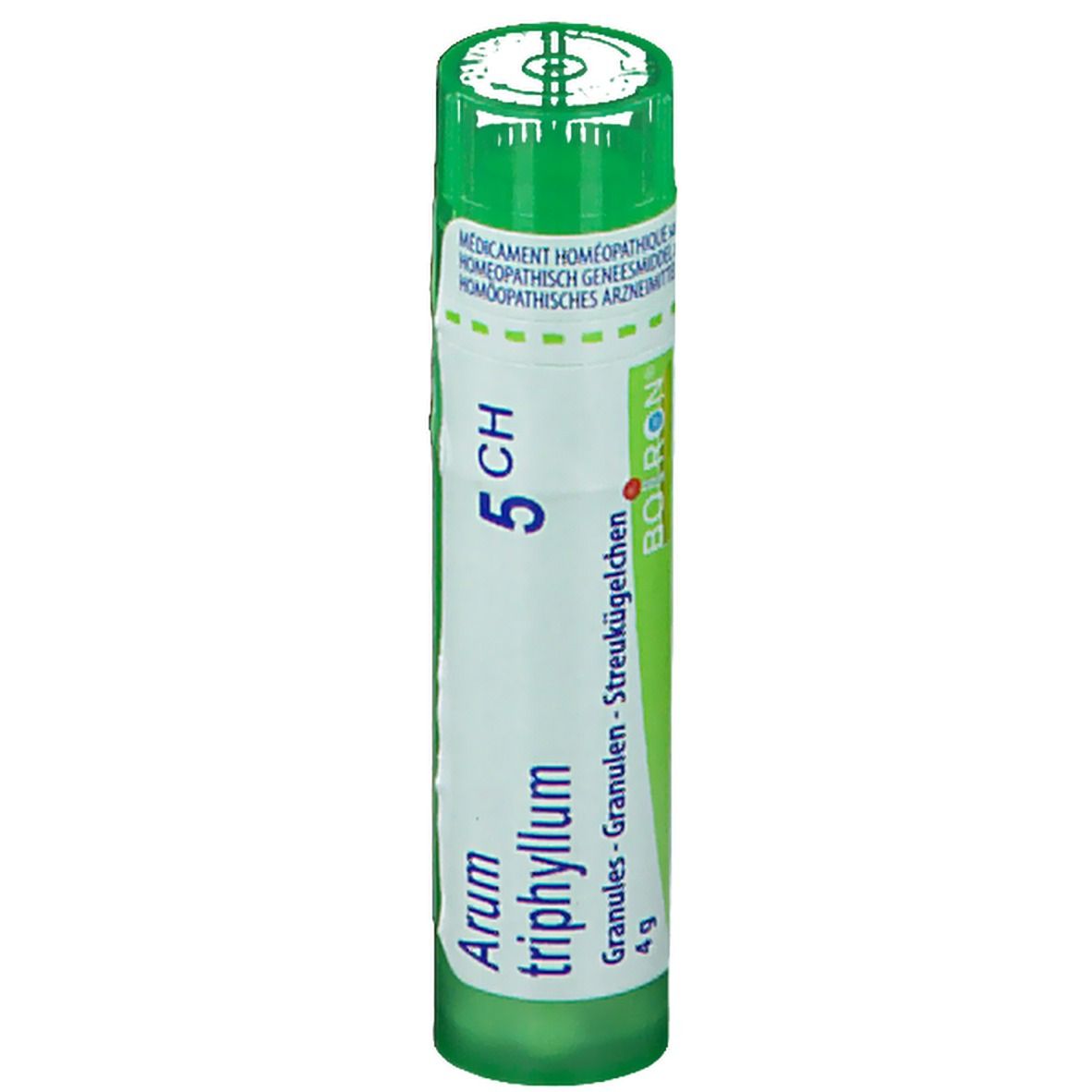 Tube vert avec étiquette blanche. Inscription : BOIRON, 5 CH, Granules, 4 g, Arum triphyllum.