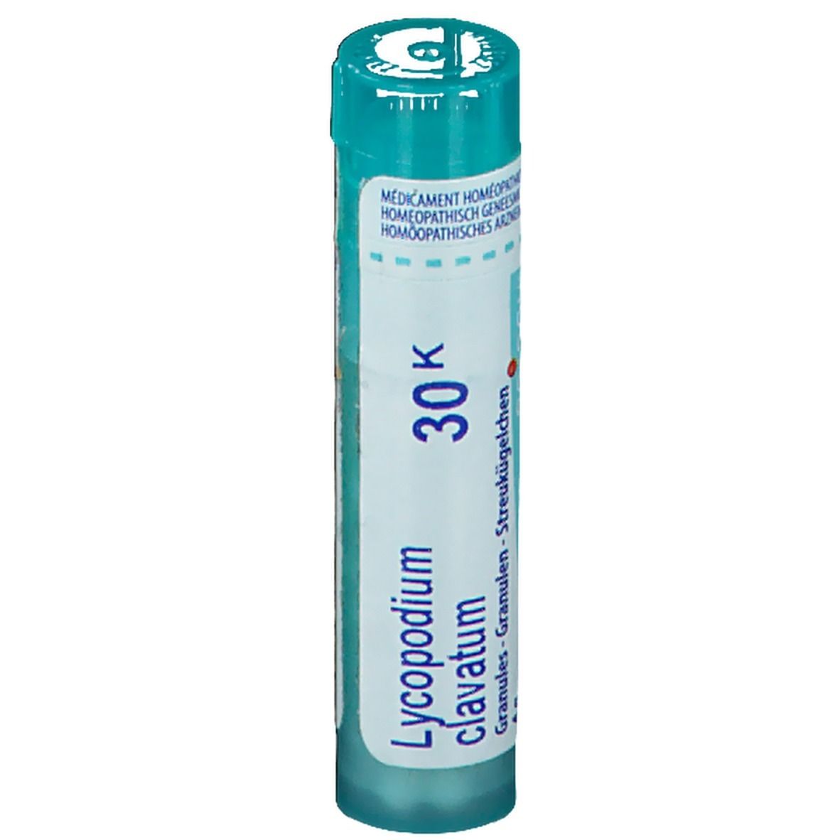 Homeopathisch geneesmiddel in een cilinder. Opschrift: Lycopodium clavatum 30K, korrels.