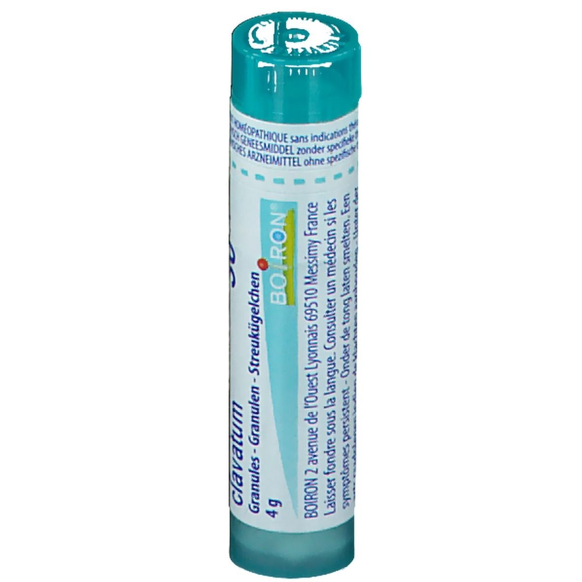 Cilindrische verpakking met homeopathische korrels. Opschrift: Boiron, Lycopodium clavatum, 4 g.
