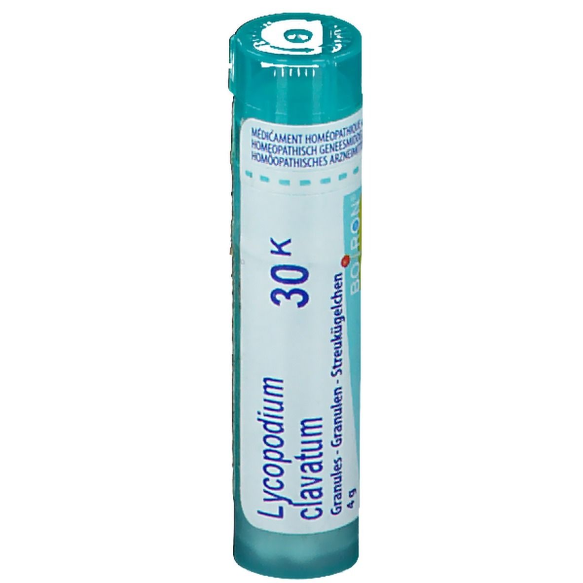 Homeopathisch geneesmiddel in een cilinder. Opschrift: Lycopodium clavatum 30K, korrels.