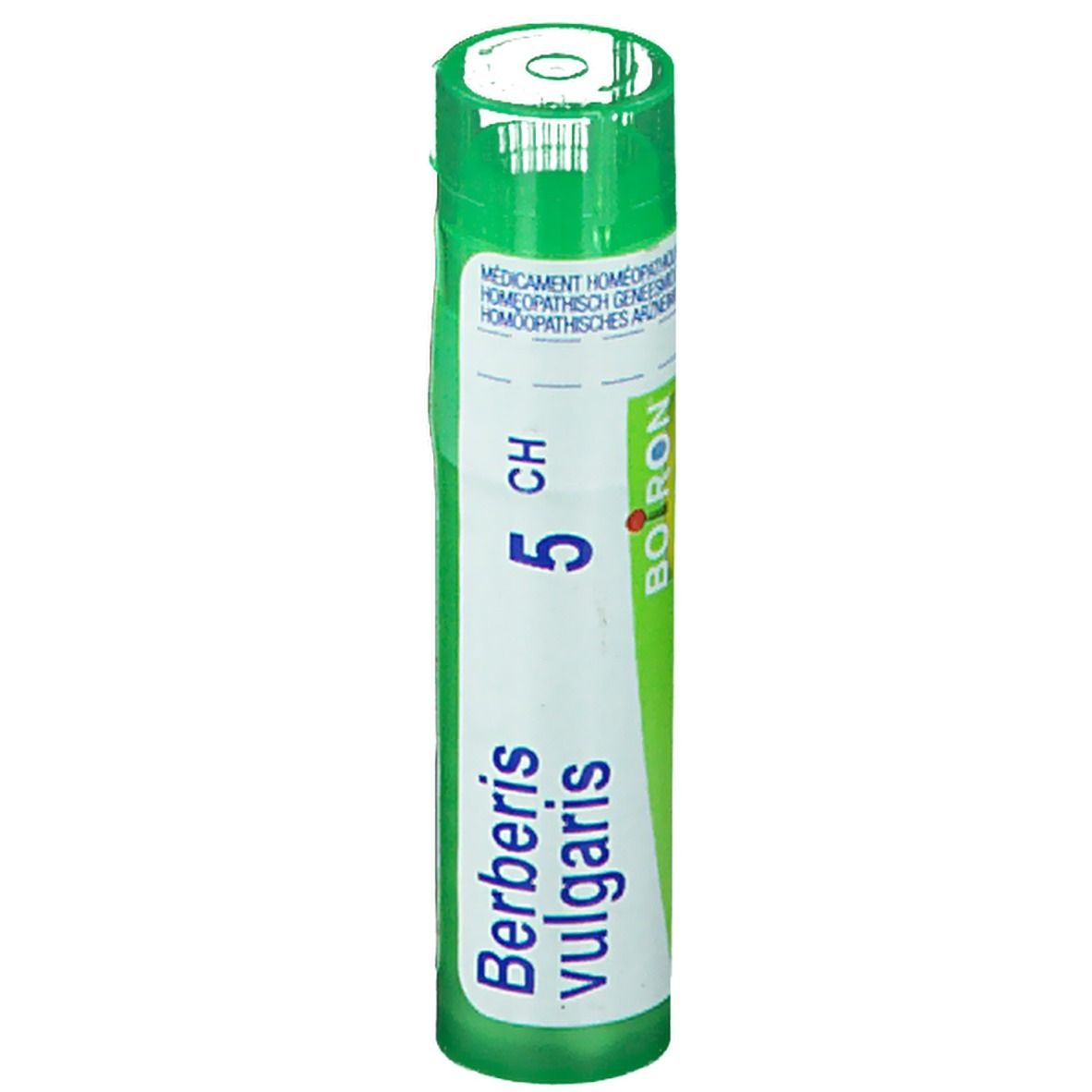 Tube cylindrique vert. Inscription: Berberis vulgaris 5 CH, Boiron.