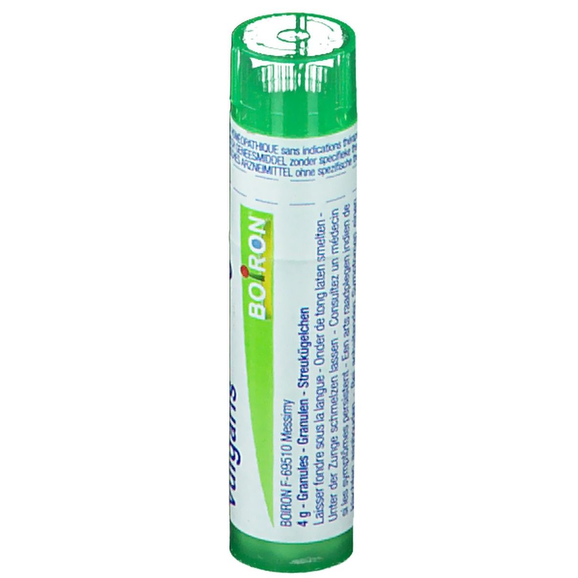 Tube cylindrique vert. Inscription: Boiron, 4 g granules.
