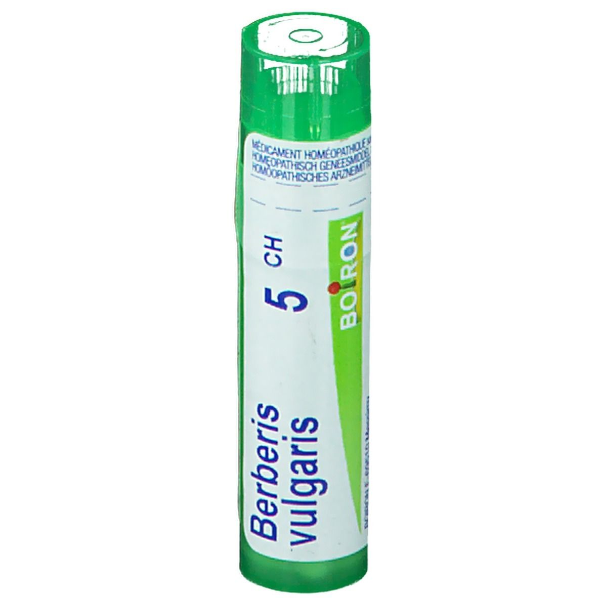 Tube cylindrique vert. Inscription: Berberis vulgaris 5 CH, Boiron.
