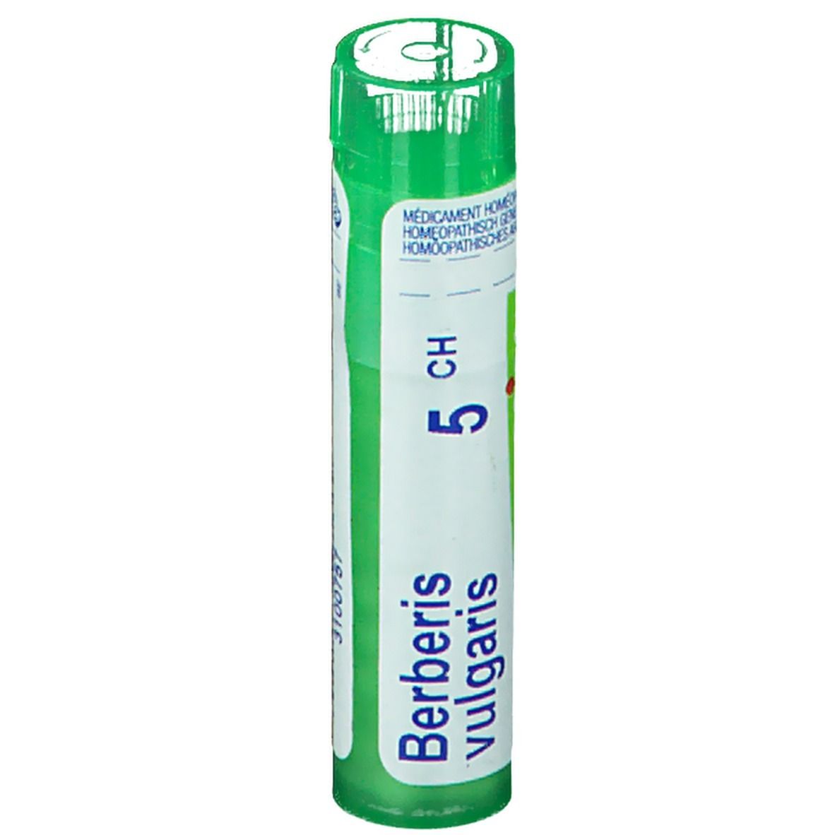 Tube cylindrique vert. Inscription: Berberis vulgaris 5 CH.