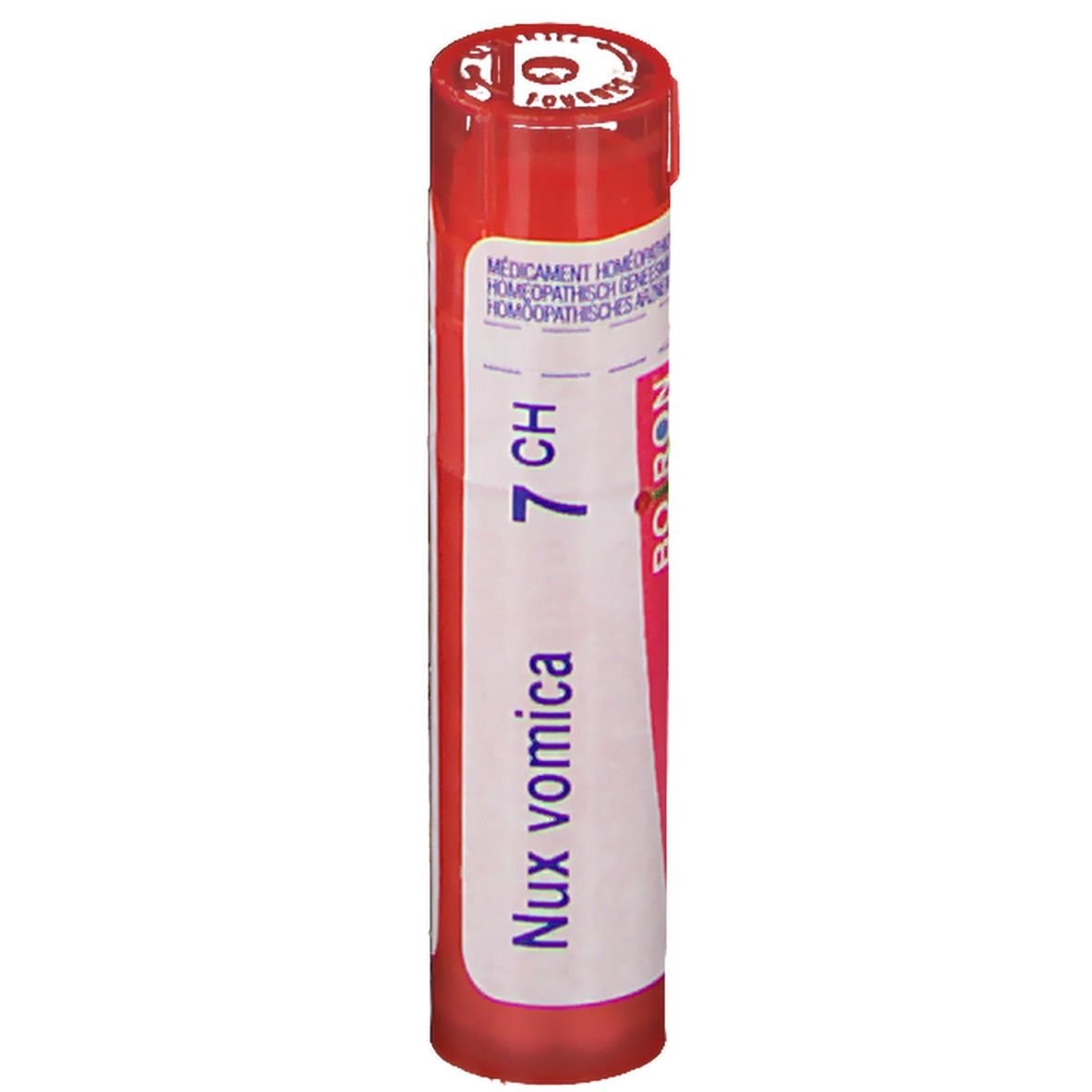 Tube rouge avec étiquette blanche. Inscription: Nux vomica 7 CH, Boiron. Médicament homéopathique.