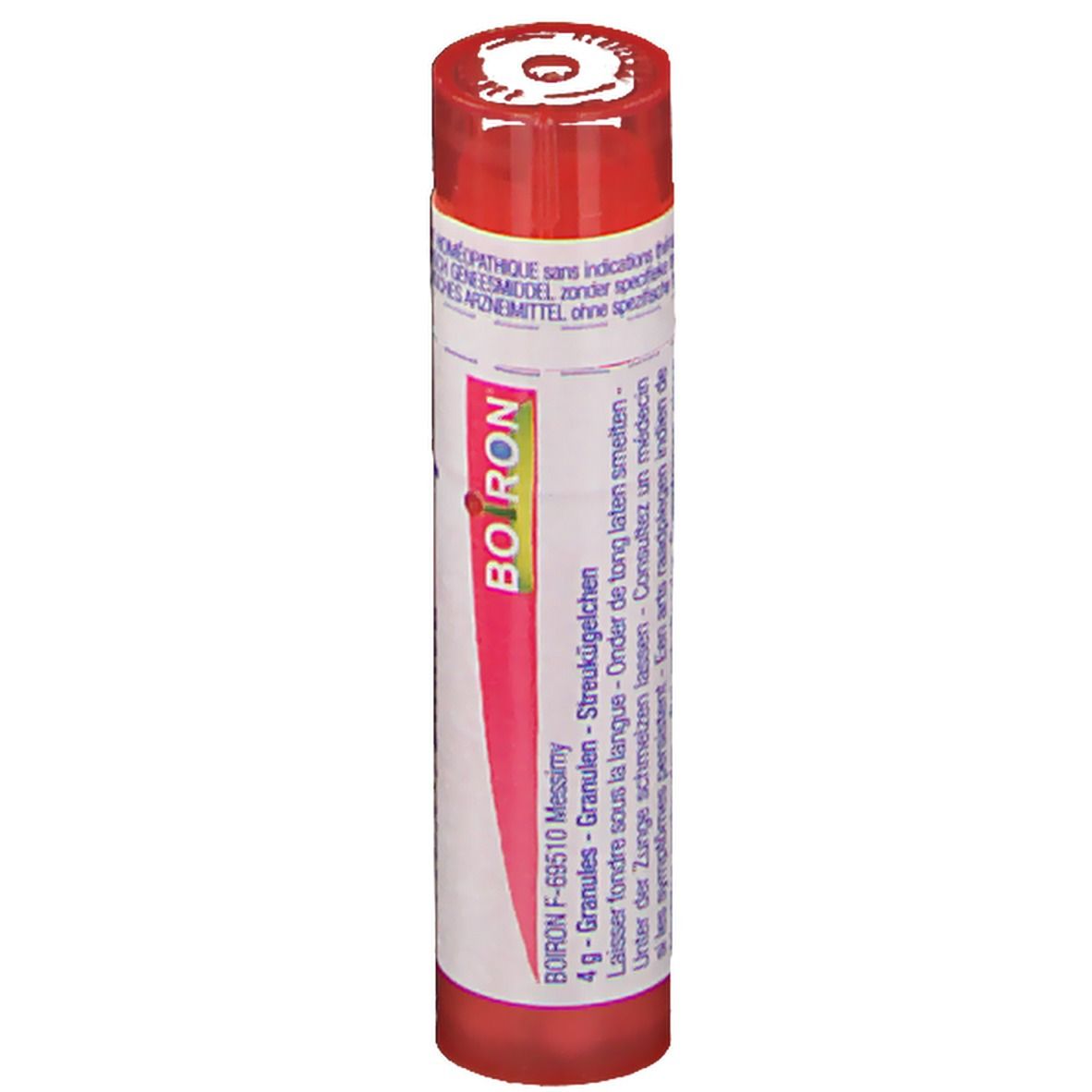 Tube rouge avec étiquette blanche. Inscription: Boiron, granules. 4 g. Laisser fondre sous la langue.