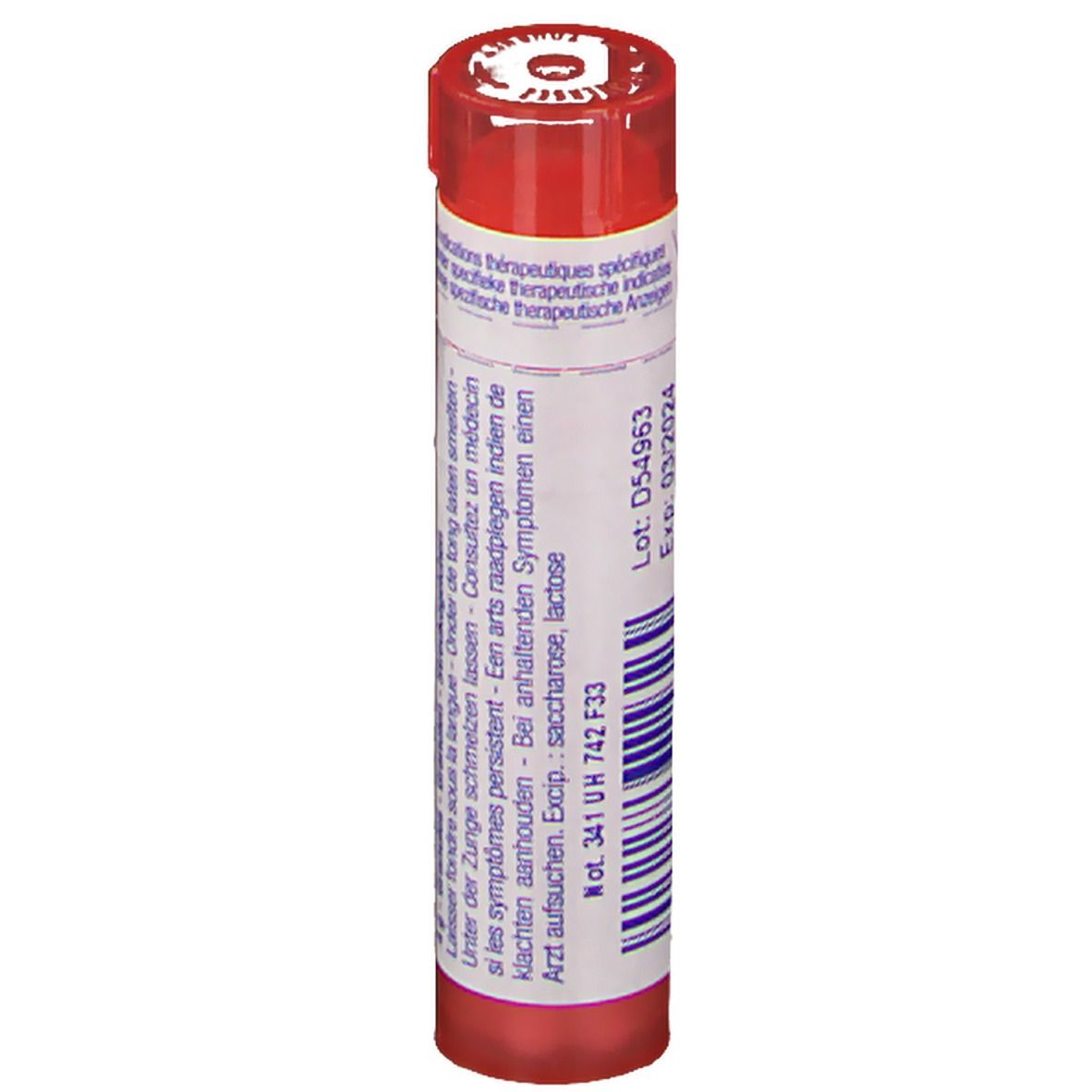 Tube rouge avec étiquette blanche. Inscription: Numéro de lot et date de péremption. Ingrédients: lactose, saccharose.