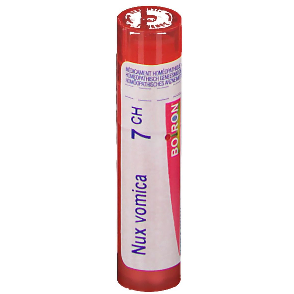 Tube rouge avec étiquette blanche. Inscription: Nux vomica 7 CH, Boiron. Médicament homéopathique.
