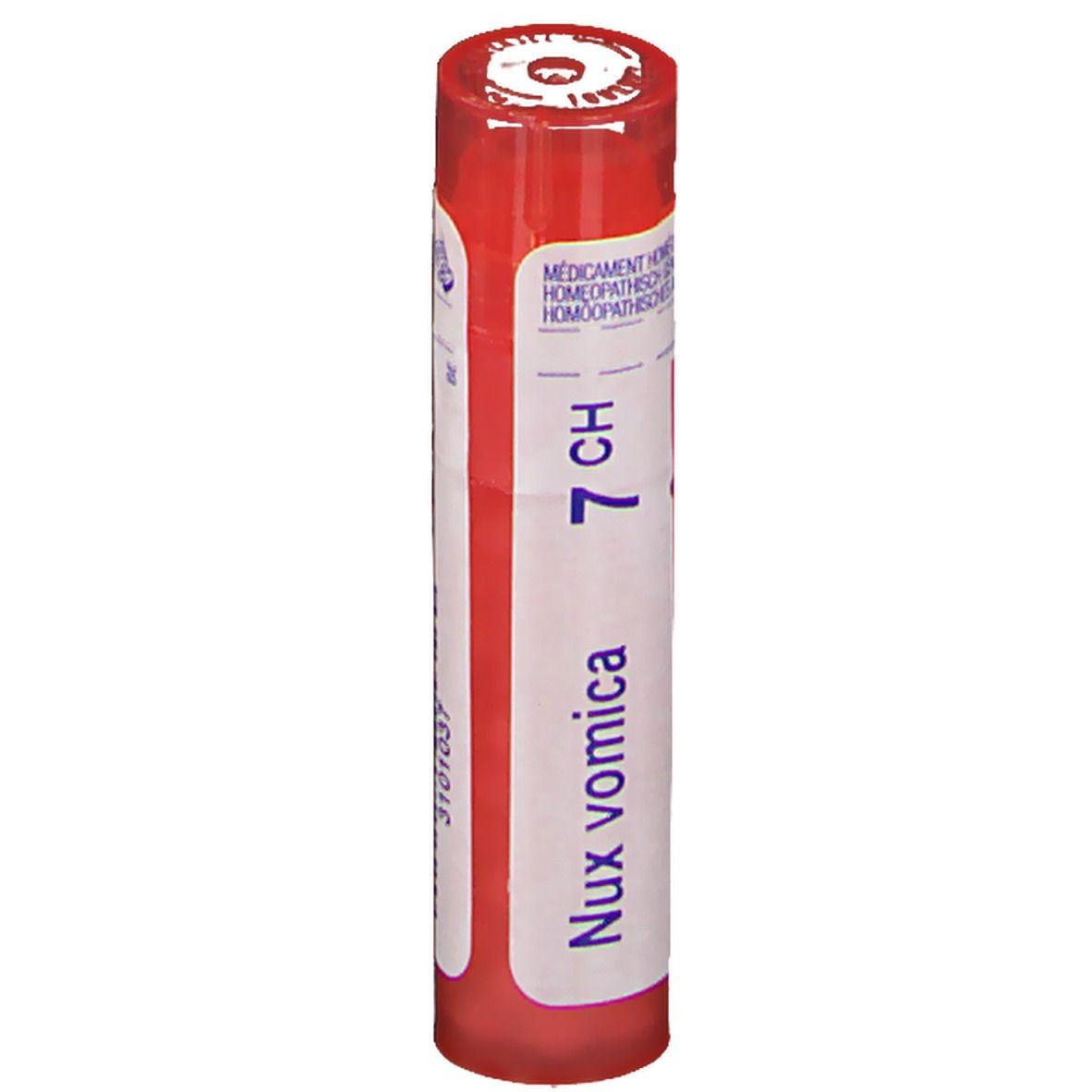Tube rouge avec étiquette blanche. Inscription: Nux vomica 7 CH. Médicament homéopathique.