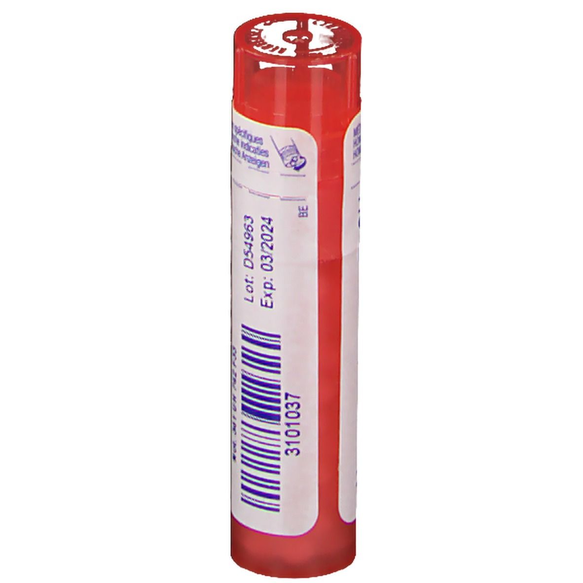 Tube rouge avec étiquette blanche. Inscription: Numéro de lot et date de péremption. Code-barres et informations.