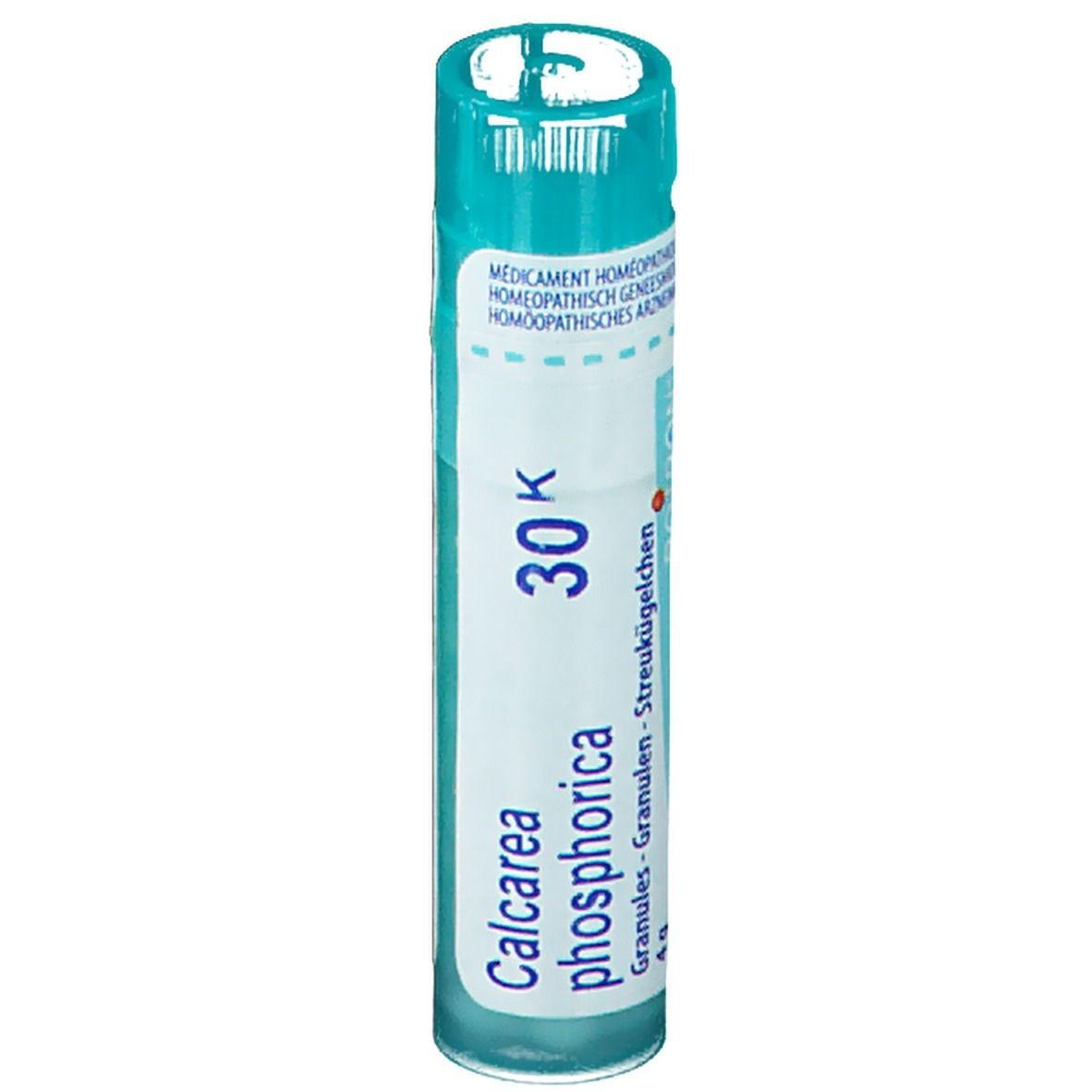 Flacon cylindrique bleu. Inscription: Calcarea phosphorica 30K, granules.