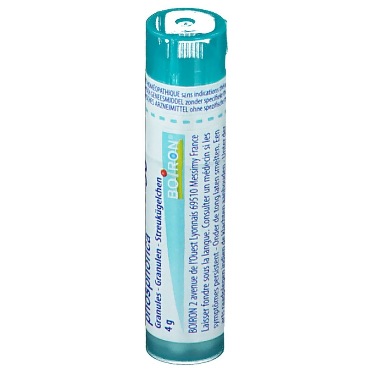 Flacon cylindrique bleu. Inscription: BOIRON, Calcarea phosphorica, 4 g.