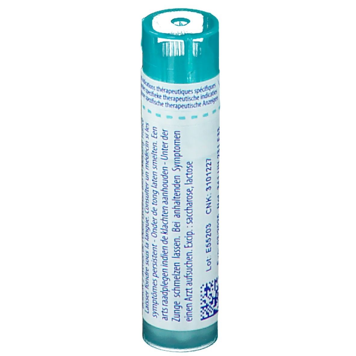 Flacon cylindrique bleu. Inscription: CNK: 3101227, Exp.: saccharose, lactose.