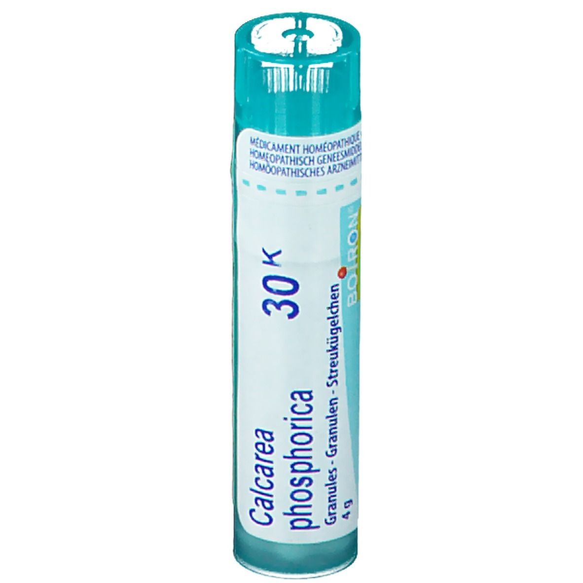 Flacon cylindrique bleu. Inscription: Calcarea phosphorica, 30K, 4 g.