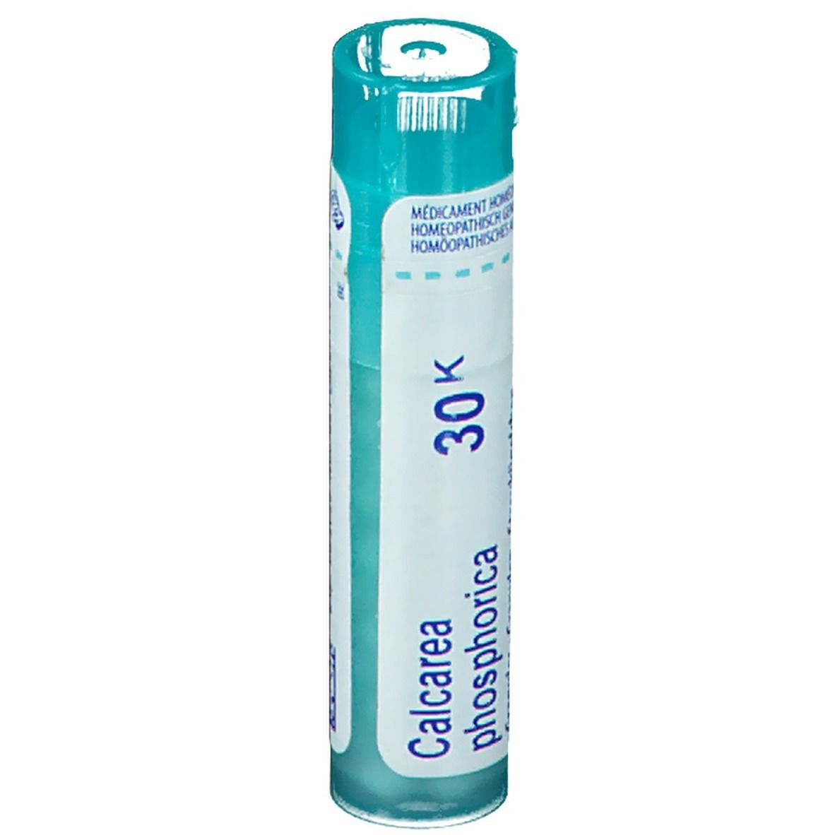 Flacon cylindrique bleu. Inscription: Calcarea phosphorica, 30K.