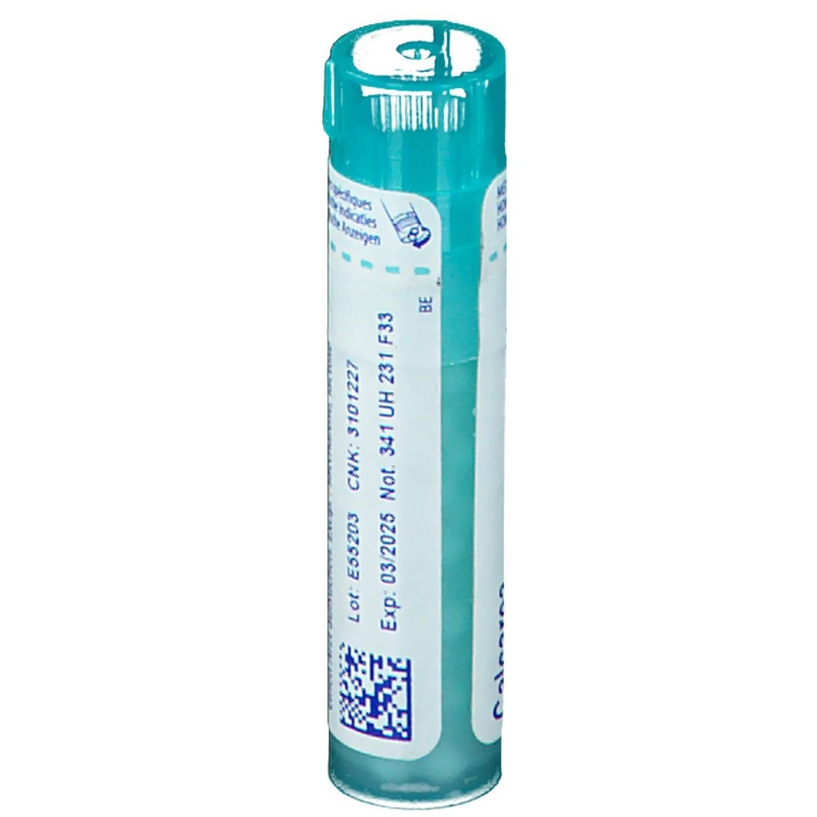 Flacon cylindrique bleu. Inscription: Exp: 03/2025, CNK: 3101227.