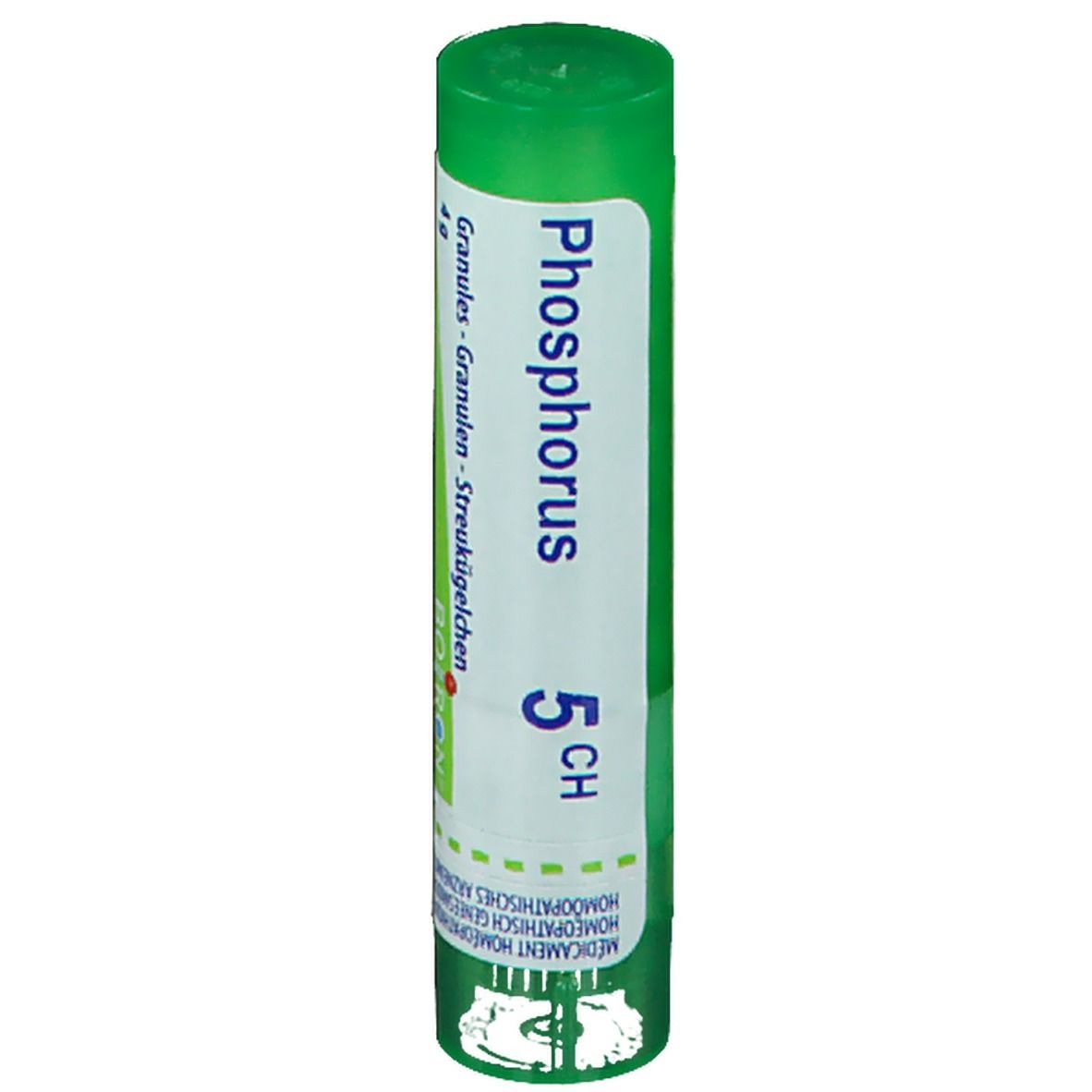 Groene cilindrische verpakking. Opschrift: Phosphorus 5 CH. Granules.