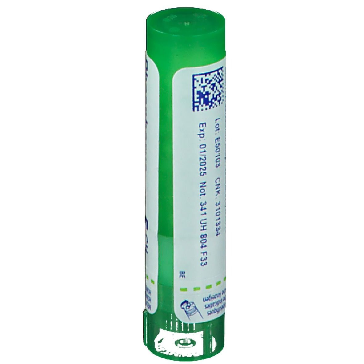 Groene cilindrische verpakking. Bedrukking met lotnummer en vervaldatum.