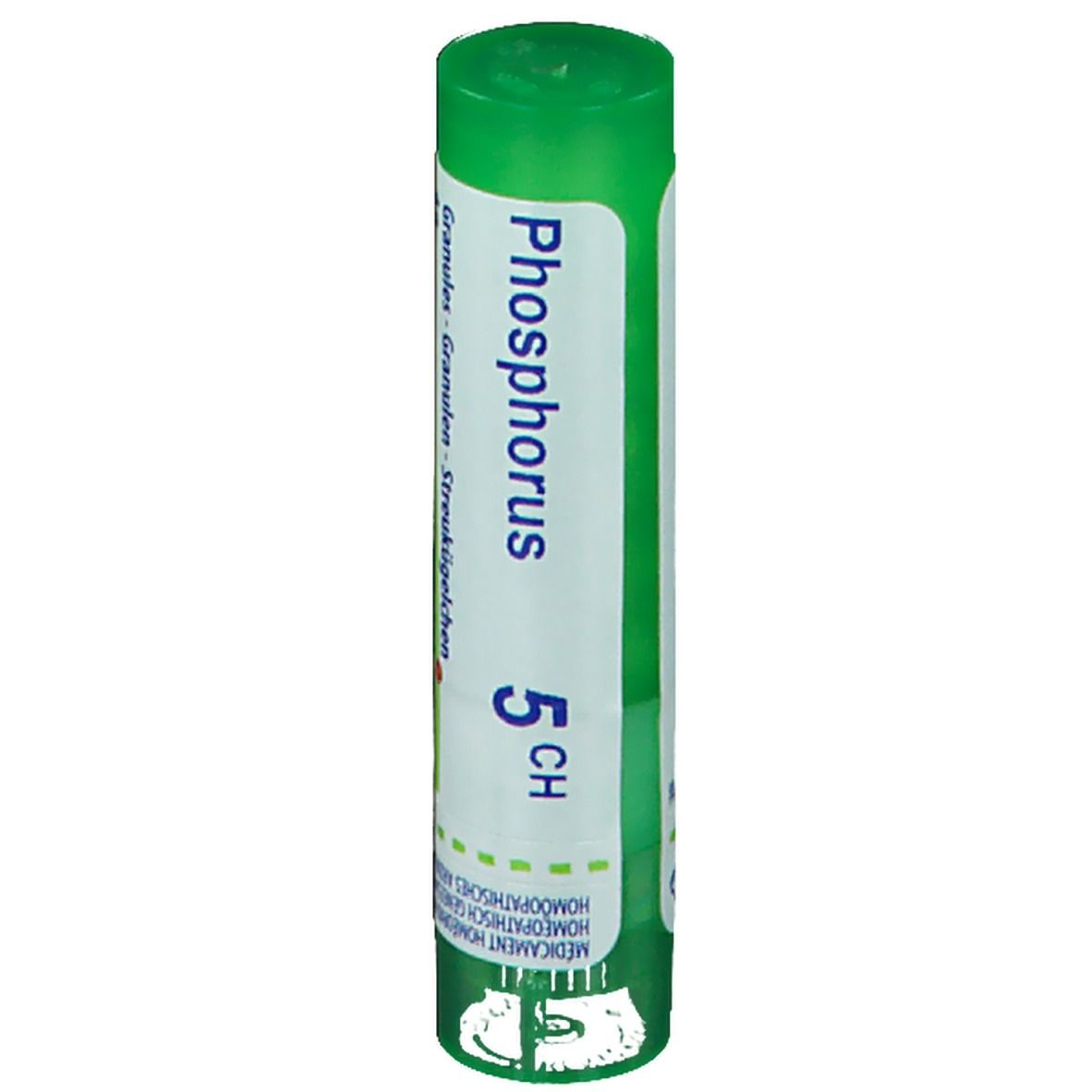 Groene cilindrische verpakking. Opschrift: Phosphorus 5 CH. Granules.