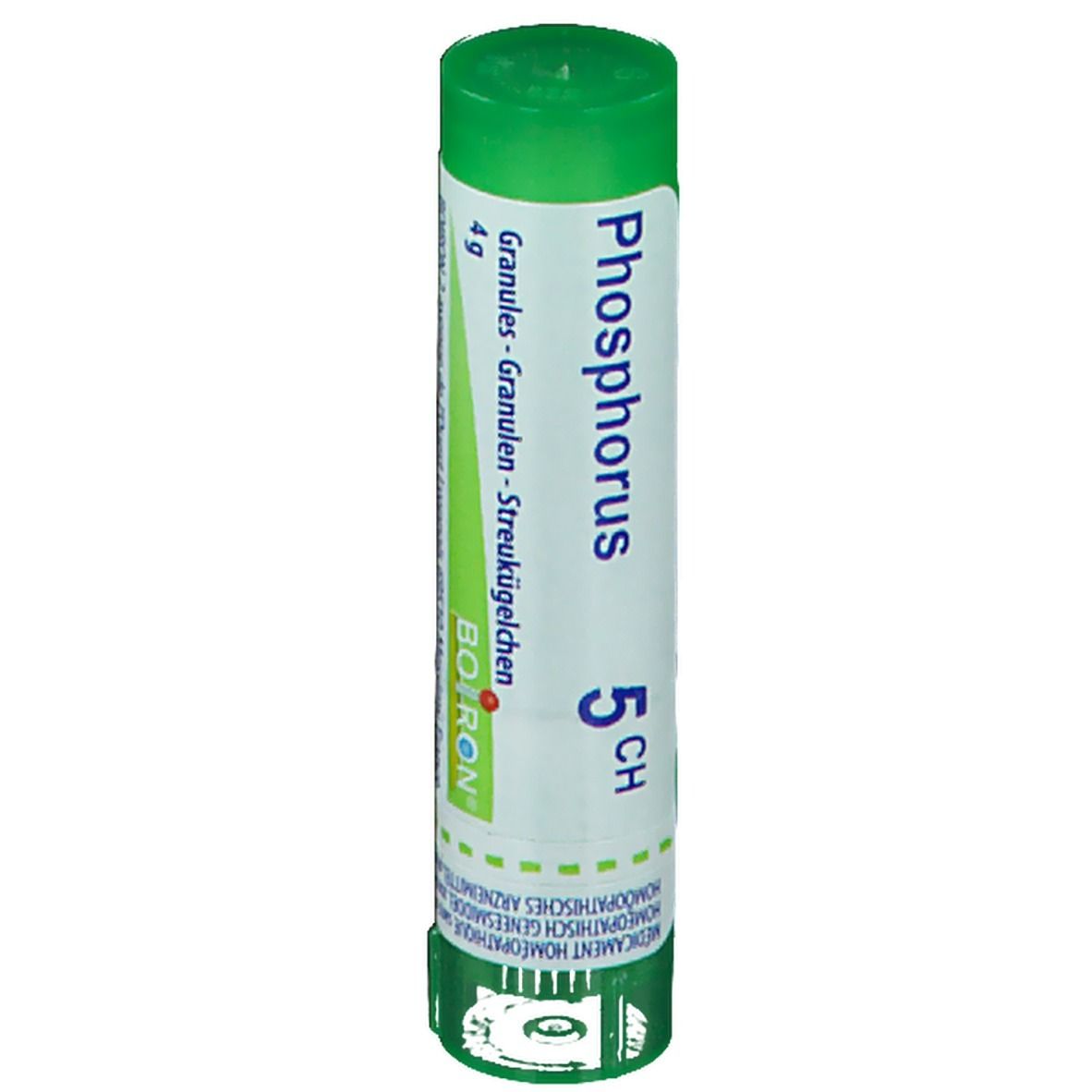 Groene cilindrische verpakking. Opschrift: Phosphorus 5 CH. BOIRON. Granules.