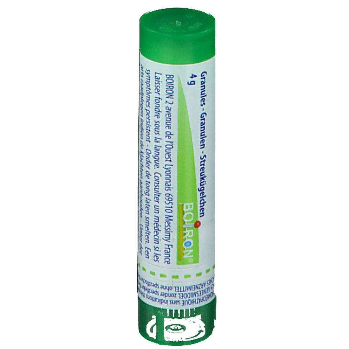Groene cilindrische verpakking. Opschrift: BOIRON. Adres. Granules.