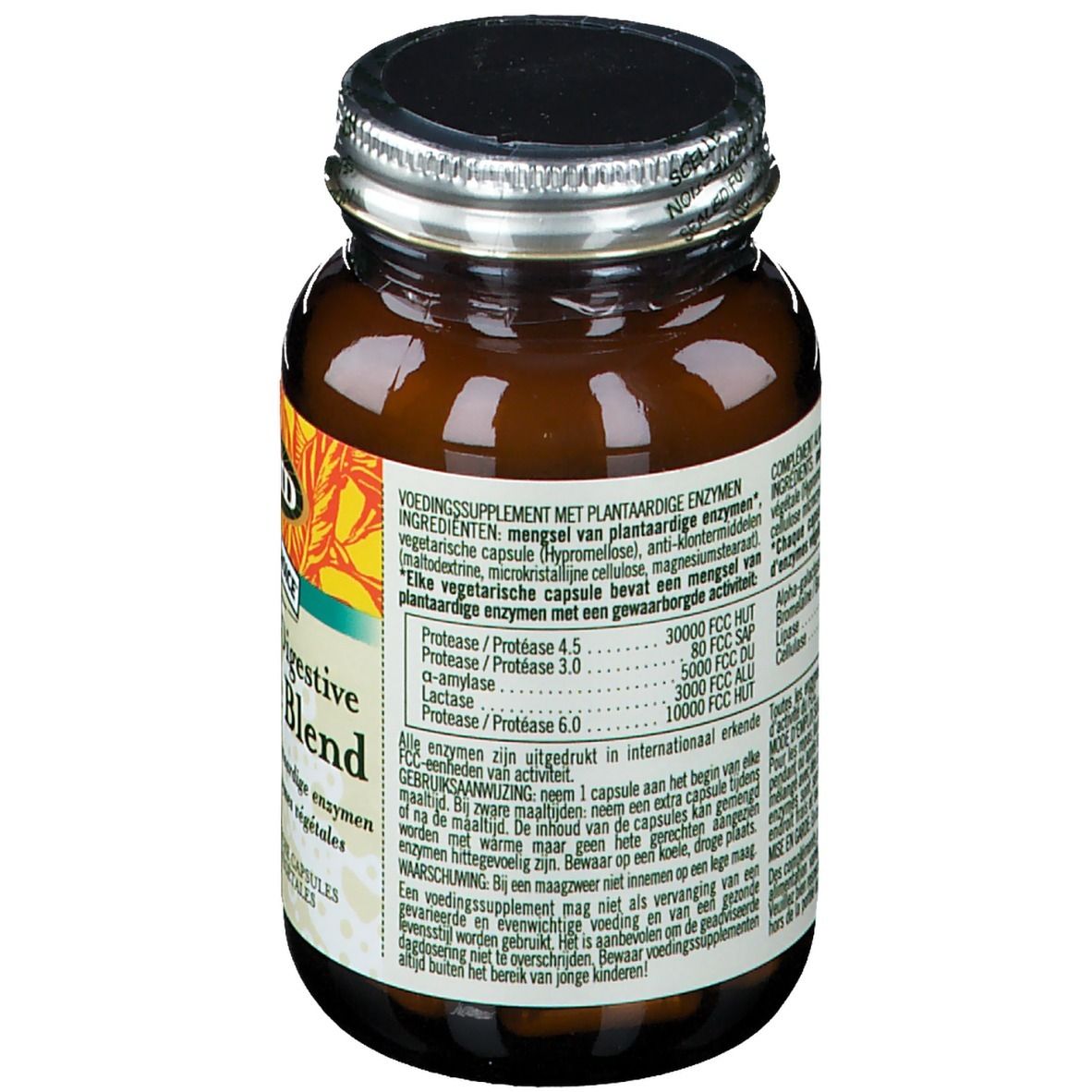 Rückansicht der Flasche. Etikett mit Inhaltsstoffen und Informationen. Udo's Choice Ultimate Digestive Enzyme Blend.