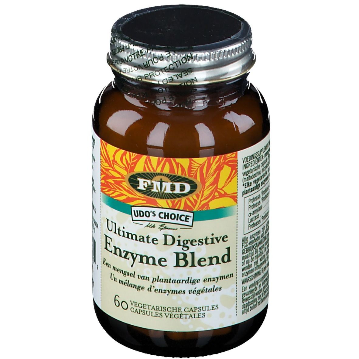 Braune Glasflasche mit Kapseln. Etikett mit Produktnamen und 60 Kapseln. Udo's Choice Ultimate Digestive Enzyme Blend.
