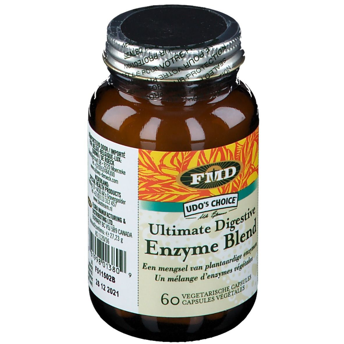 Braune Glasflasche mit Kapseln. Etikett mit Produktnamen und 60 Kapseln. Udo's Choice Ultimate Digestive Enzyme Blend.