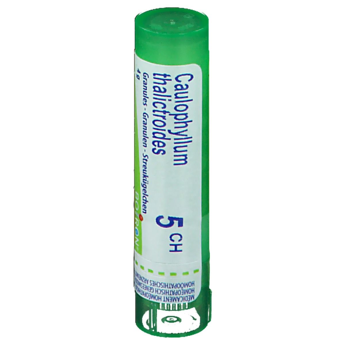 Tube cylindrique vert avec étiquette blanche. Inscription: Caulophyllum thalictroides 5 CH. Marque Boiron.