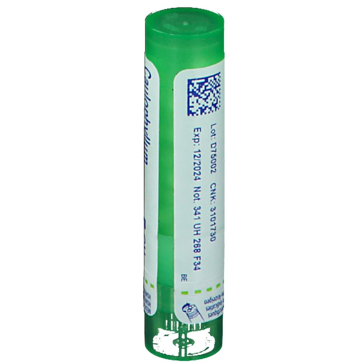 Tube cylindrique vert avec étiquette blanche. Code QR et informations: Exp. 12/2024, CNK 3101730. Boiron.