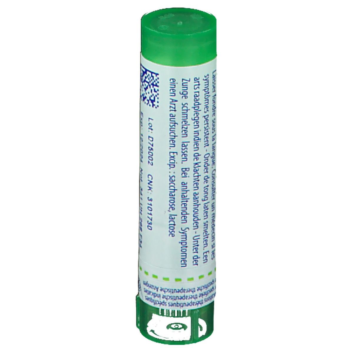 Tube cylindrique vert avec étiquette blanche. Texte: symptômes persistent, saccharose, lactose. Boiron.