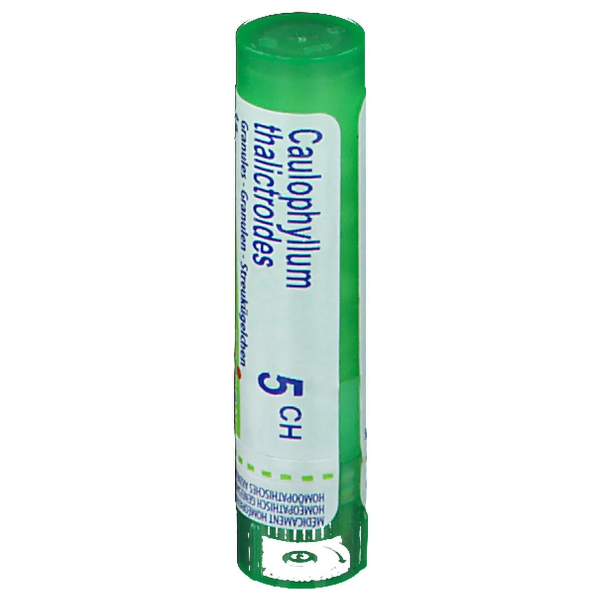 Tube cylindrique vert avec étiquette blanche. Inscription: Caulophyllum thalictroides 5 CH. Marque Boiron.