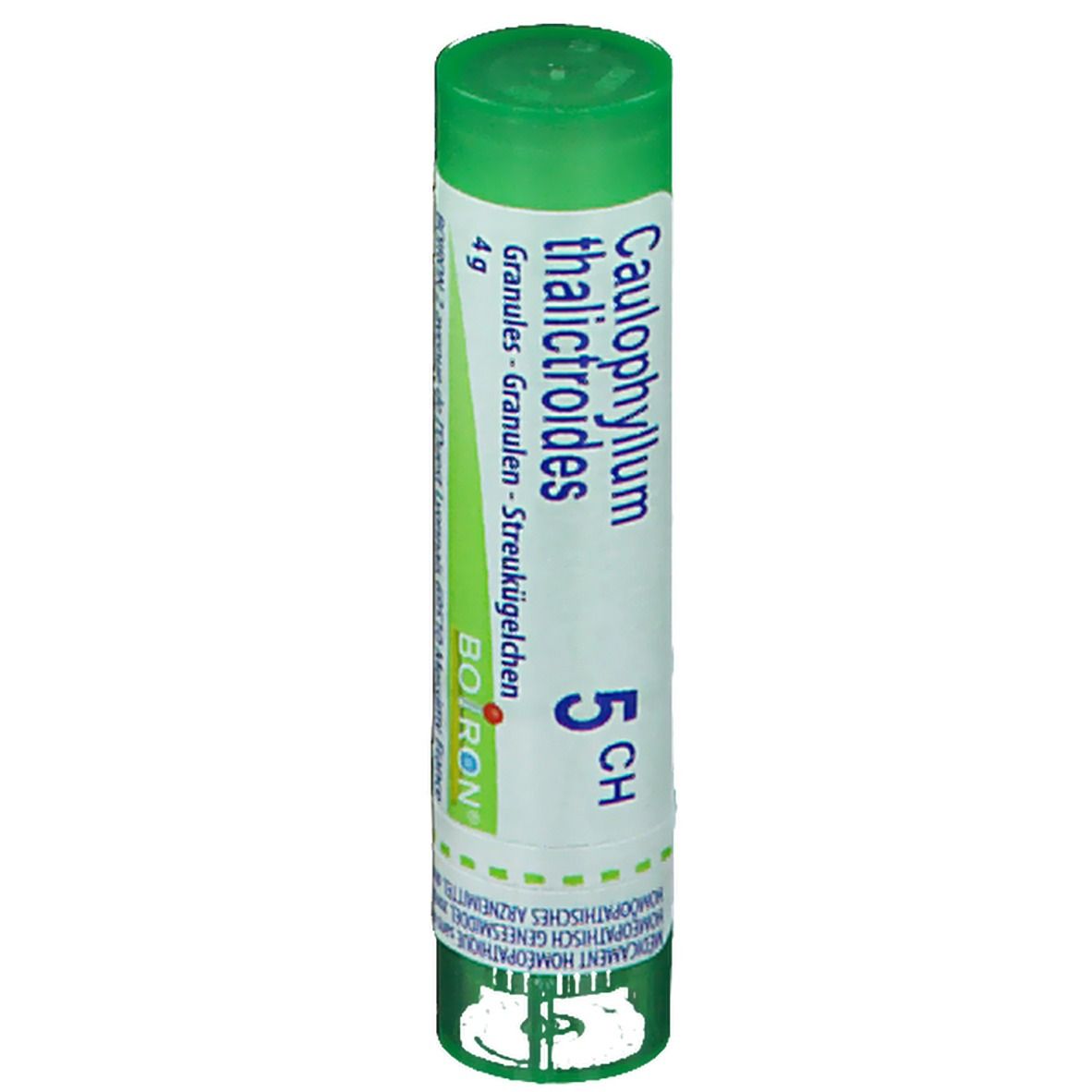 Tube cylindrique vert avec étiquette blanche. Inscription: Caulophyllum thalictroides 5 CH. Marque Boiron, 4g.