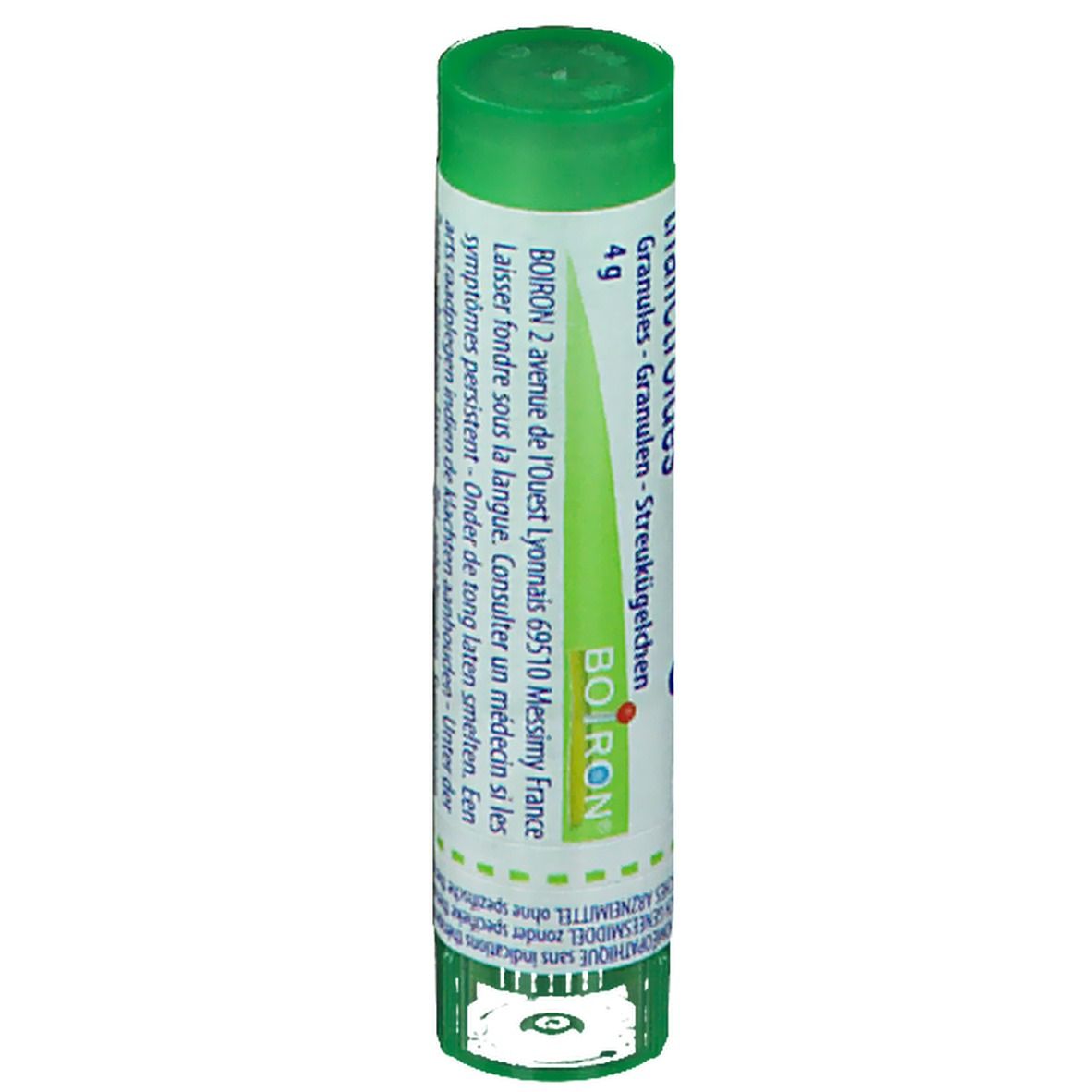 Tube cylindrique vert avec étiquette blanche. Adresse: Boiron, 2 avenue de l'Ouest, Lyon. Marque Boiron, 4g.