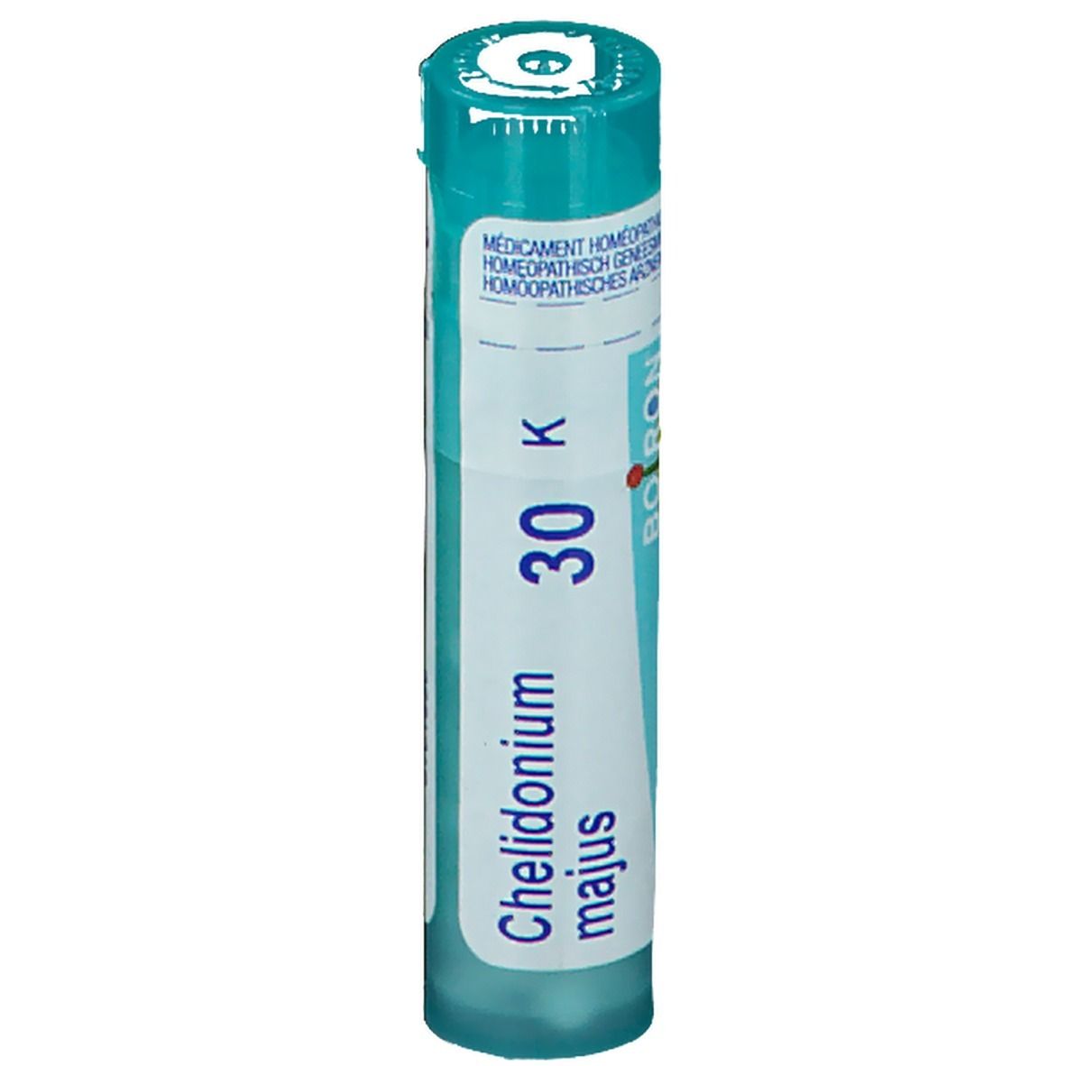 Tube cylindrique. Inscription: Chelidonium majus 30 K. Couleurs turquoise et blanc.