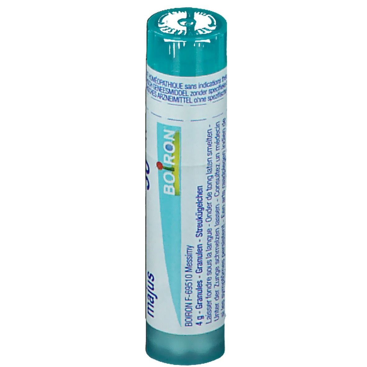 Tube cylindrique. Inscription: Boiron, granules, 4 g. Couleurs turquoise et blanc.