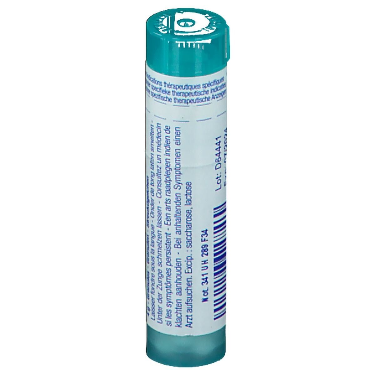 Tube cylindrique. Inscription: Numéro de lot et date de péremption. Couleurs turquoise et blanc.