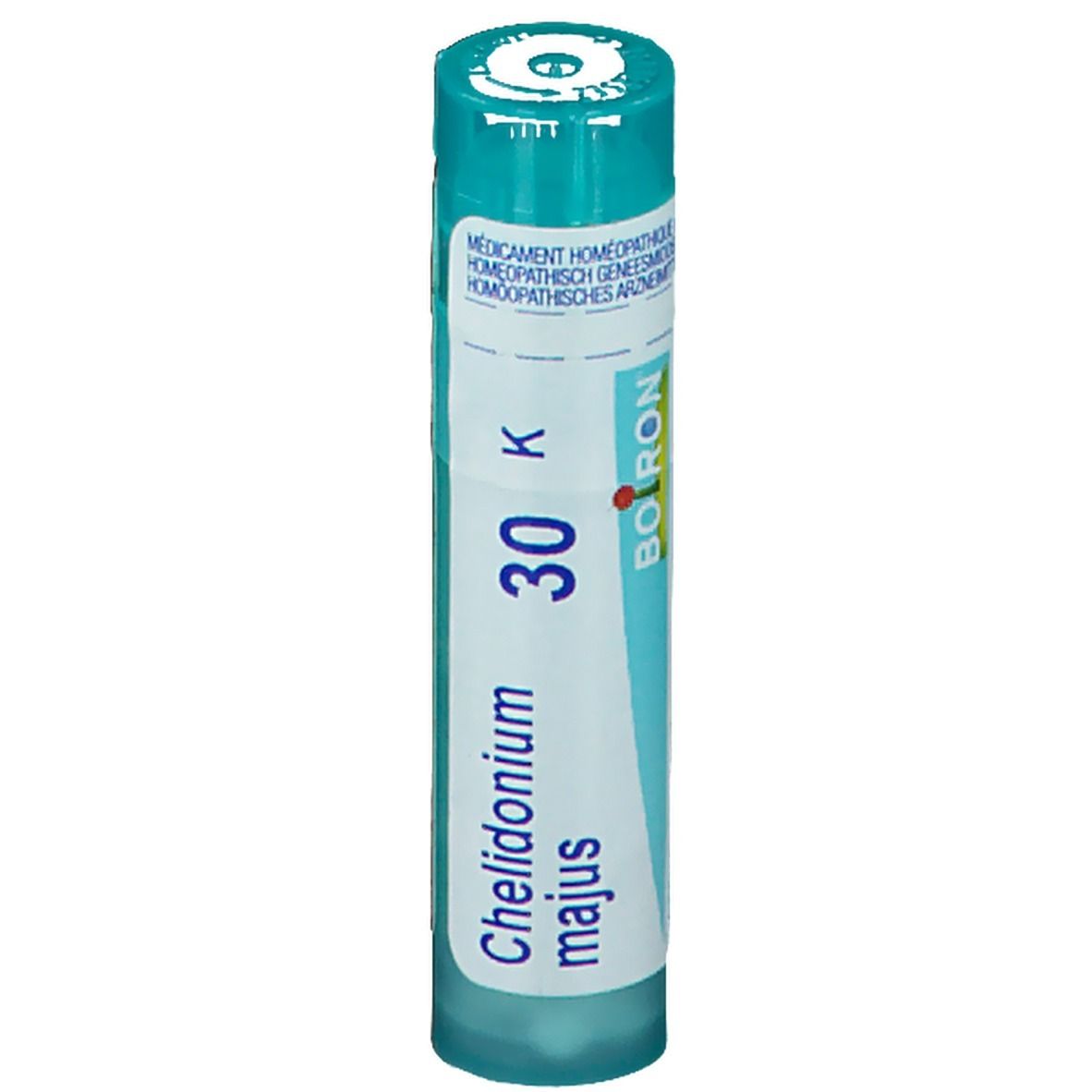 Tube cylindrique. Inscription: Chelidonium majus 30 K. Couleurs turquoise et blanc.