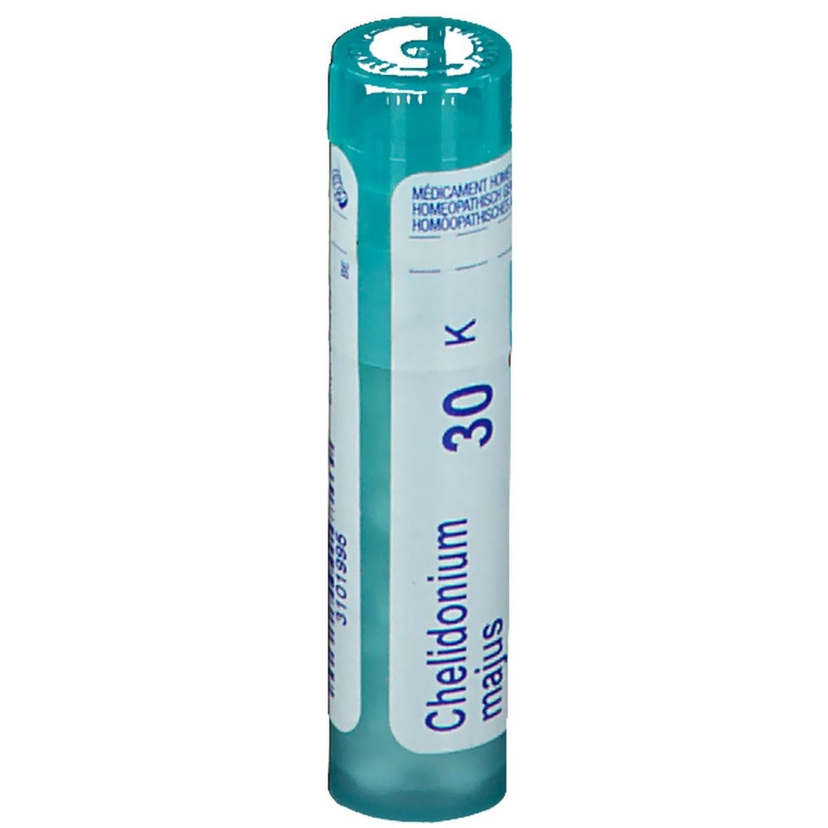 Tube cylindrique. Inscription: Chelidonium majus 30 K. Couleurs turquoise et blanc.