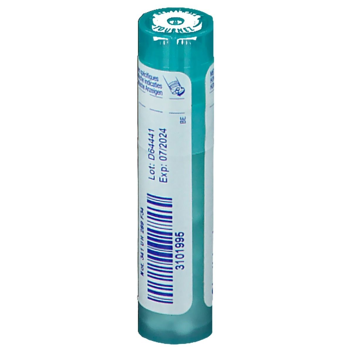 Tube cylindrique. Inscription: Numéro de lot, date de péremption et code-barres. Turquoise et blanc.