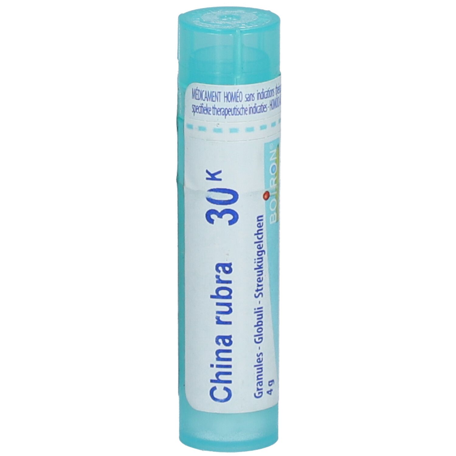 Tube cylindrique 'China rubra 30K'. Bouchon et étiquette bleus. 'Boiron' et 'Granules' visibles.