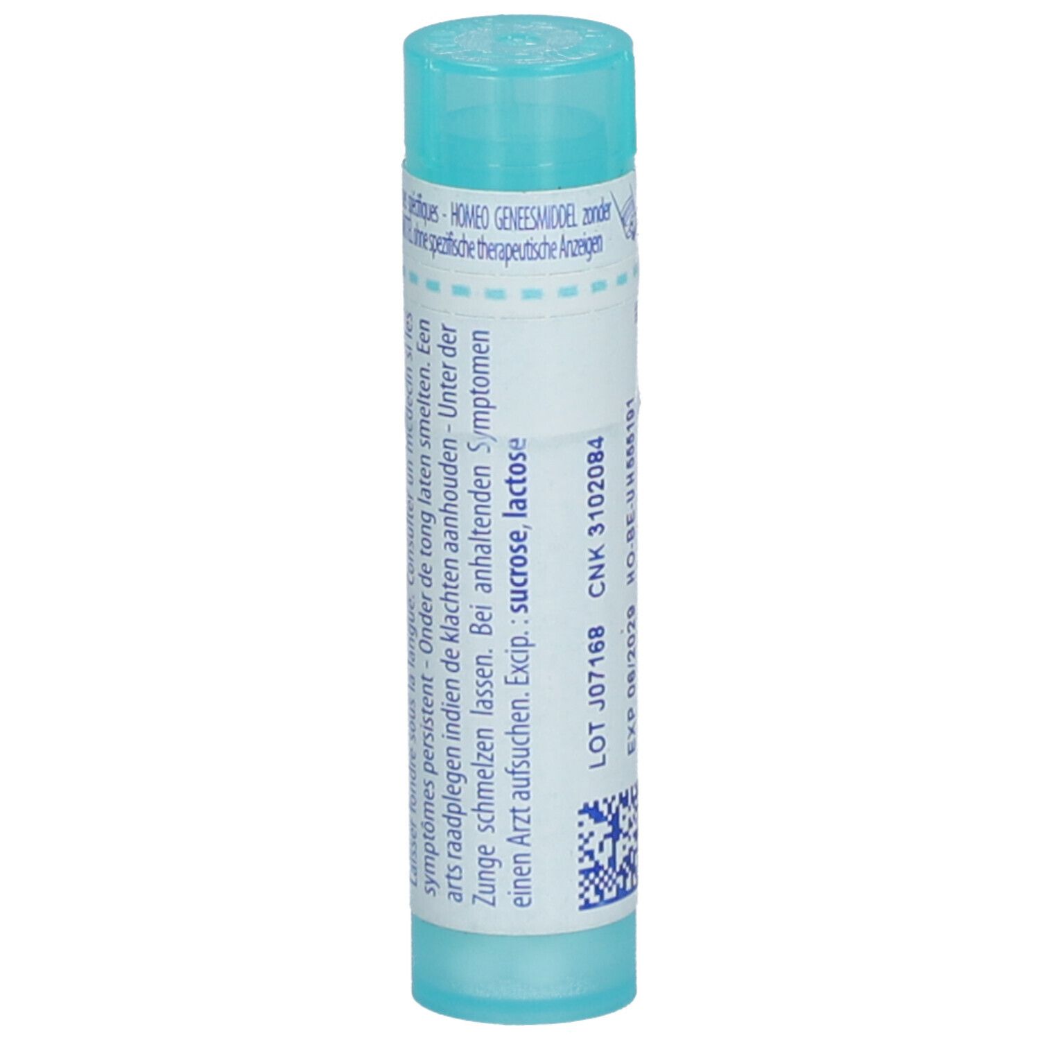 Tube cylindrique. Bleu. Étiquette avec texte. 'Sucrose, lactose' et 'CNK 3102084' lisibles.