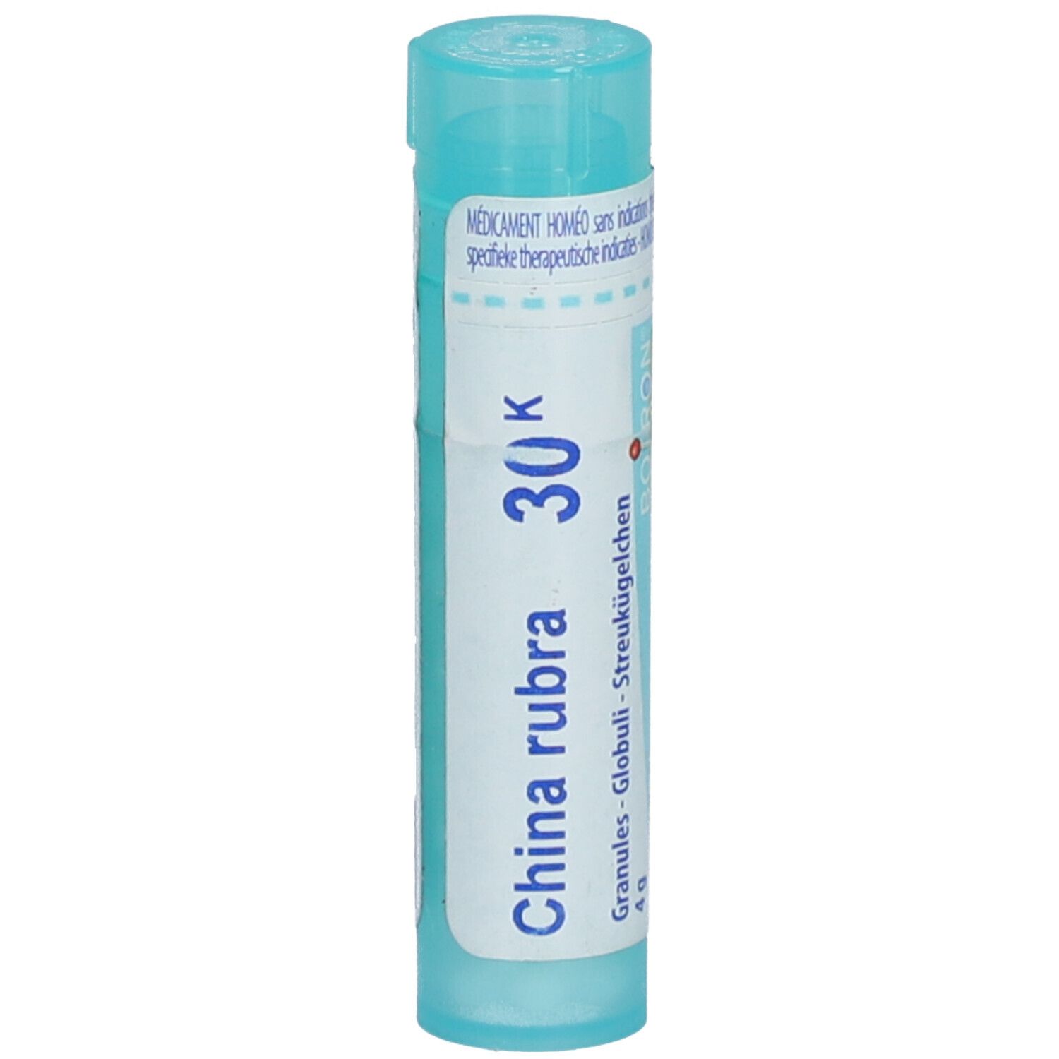 Tube cylindrique 'China rubra 30K'. Bouchon et étiquette bleus. 'Boiron' et 'Granules' visibles.