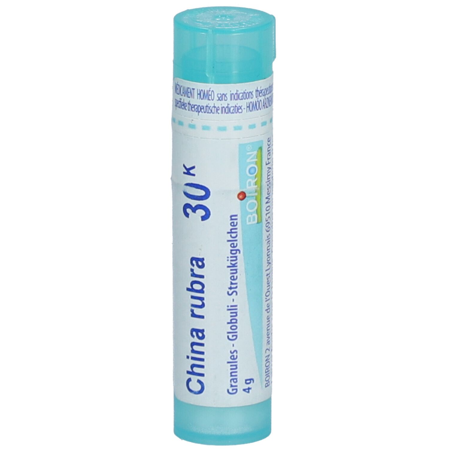 Tube cylindrique 'China rubra 30K'. Bouchon et étiquette bleus. 'Boiron' et 'Granules' visibles.